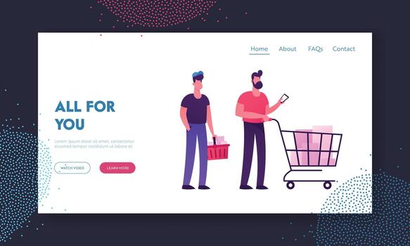 cola en Tienda sitio web aterrizaje página. clientes estar en línea a tienda de comestibles o supermercado giro con compras carretilla y cesta vector