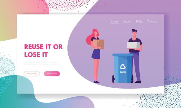 Environment Ecology Protection, Recycling Reduce Pollution Website Landing Page. People Collecting Trash Throw Garbage to Container with Recycle Sign. Web Page Banner. Cartoon Flat Illustration vector