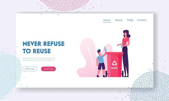 Trash Recycling, Environmental Pollution Problem Website Landing Page. Mother Teach Son Throw Garbage into Container with Recycle Sign for Plastic Web Page Banner. Cartoon Flat Illustration vector