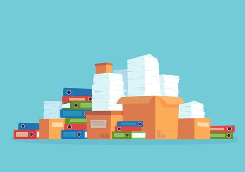 pila de algo de documentos, carpetas y cajas creando desorganización vector