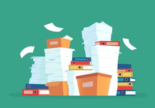 agobiante papeleo creando enorme pila de algo de oficina documentos vector