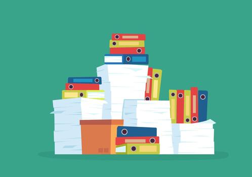 pilas de documentos y archivos creando burocracia sobrecargar vector