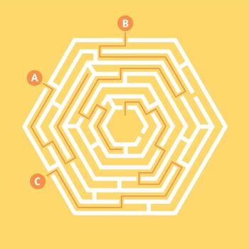 Hexagonal maze with orange path solving problem vector