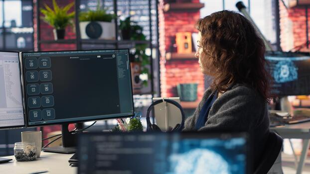 Freelancer woman employs online AI assistant to automate text generation and solve tasks easily, enhance productivity at the office. Integration of advanced algorithms and digital tools. Camera B. photo