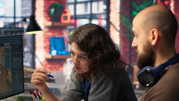 diseñadores equipo trabajos en remodelación proyecto utilizando arquitectónico software en ordenador personal a configurar habitación diseños programa permite a arrastrar y soltar elementos o activos, ajustando virtual mueble. cámara b. foto