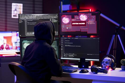 ciberdelincuente recepción sistema pirateado mensaje después agresor víctimas piezas utilizando computadora virus. solitario lobo hacker en secreto guarida molesto a esconder en línea actividad después robando datos foto