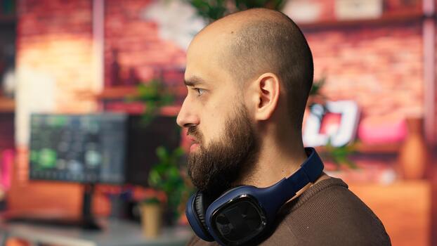 Creative couple working together on editing software for movie making, using AI powered models and prompts to create the perfect montage. Editors team in post production. Camera B. photo