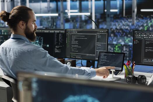datos centrar sistema administrador utilizando tableta, codificación, gerente sistemas para tiempo de actividad y eficiencia. eso empleado prensado dispositivo pantalla táctil, utilizando programación idiomas en servidor cubo foto