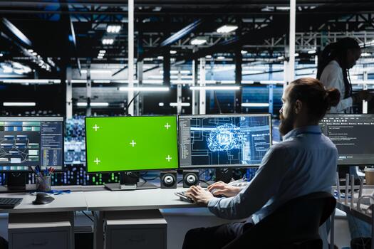 Developer in data center using isolated screen PC, optimizing gear for AI tasks, increasing workloads. Server room IT worker automating system diagnostics using deep learning on chroma key computer photo