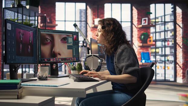 Woman expert developer works with photo editing software in the creative workspace, digital media. Using dual monitors to ensure productivity and innovation in the graphic design world. Camera A.