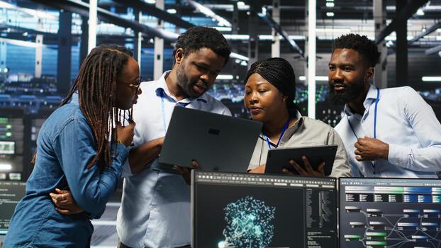 Portrait of smiling data center specialists collaborating in server facility, using node tree software to analyze datasets. Happy team using visual programming to improve gear performance, camera B photo