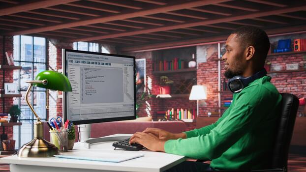 Tech savvy black engineer developing secure online program at home. Surrounded by binary data, freelancer works on interface design, script optimizations and network systems. Camera B. photo