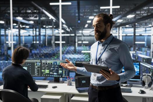 Data center manager showcasing AI technology, doing presentation for tech enthusiasts audience. Server farm employee presenting artificial intelligence neural networks tech photo