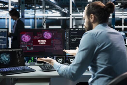 Data center computer scientist using AI LLM assistant to fix critical errors affecting hardware. Server farm IT employee using large language model chatbot to eliminate glitches photo