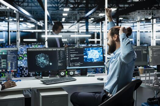 datos centrar sistema administrador extensión a ordenador personal escritorio a aliviar espalda fatiga mientras utilizando ai asistente a realizar mantenimiento. servidor habitación empleado relajante dolorido músculos después largo horas a computadora foto