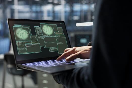 Closeup of data center employee managing global server infrastructure, ensuring uptime across international networks. Technician monitors worldwide system operations, maintaining secure cloud services photo