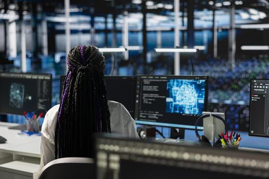 Server farm IT specialist deploying deep learning tools to automate repetitive workflows. African american woman in data center managing datasets used in AI training procedures to streamline tasks photo