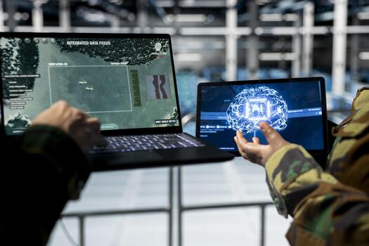 Close up of army experts in data center tracking missile trajectories using AI powered detection systems. Military units in server room identifying incoming threats with machine learning targeting photo