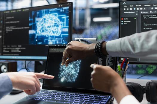 cerca arriba de técnicos codificación en datos centro, actualización ai impulsado automatización guiones. eso especialistas trabajando en servidor centro, programación artificial inteligencia algoritmos, depuración equipo foto