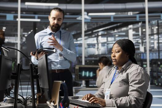 Ingenieria equipo haciendo lluvia de ideas en datos centro, trabajando juntos corriendo guiones. trabajo en equipo colegas utilizando programación idioma en servidor granja, sintonia FINA red protocolos foto