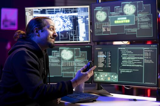 sonriente hacker satisfecho después lanzamiento suplantación de identidad ataques engañando los usuarios dentro revelador crédito tarjeta datos. alegre hombre emocionado después ddos ataques inundar servidores y choque sitios web foto