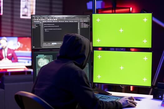 hacker lo hace suplantación de identidad ataques utilizando aislado pantalla multi monitor configuración, engañando los usuarios dentro revelador crédito tarjeta datos. hombre lanza ddos ataques con croma llave ordenador personal, inundación servidores a choque sitios web foto