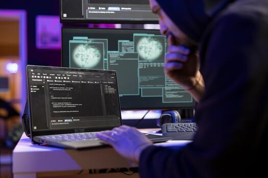 hacker en secreto guarida codificación en ordenador portátil a descanso dentro seguro computadora sistemas y derivación seguridad. pícaro ingeniero usos programación idiomas en cuaderno a ataque débiles lugares en empresa redes foto