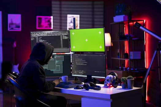 hacker haciendo Secuestro de datos ataques utilizando verde pantalla ordenador personal a sostener empresa sistemas rehén y demanda grande pagos hombre utilizando Bosquejo computadora, hackear empresa redes, cifrado archivos foto