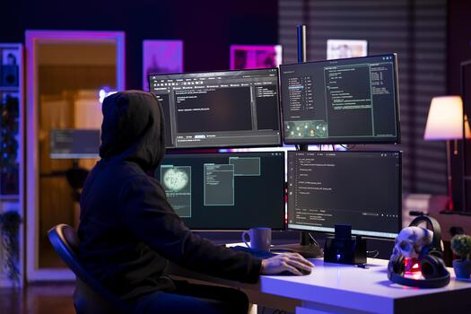 ciberdelincuente utilizando malicioso malware software a compromiso dispositivos y digital redes, ganando contraseñas encapuchado hacker utilizando ordenador personal, robando, explotando y ilegalmente de venta datos en línea foto