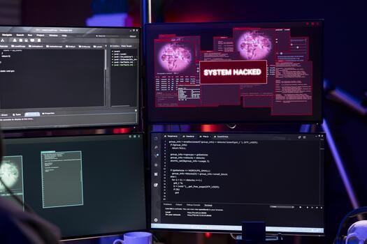 cerca arriba de sistema pirateado mensaje en ordenador personal en vacío subterráneo guarida usado por hacker a robar datos. malicioso software en computadora focalización sin parchear seguridad sistemas, comprometer digital dispositivos foto