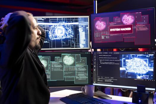 Hacker dejected after failing to steal sensitive information using VPN on dark web. Upset man feeling frustrated after being unable to break into computer systems to take restricted data photo