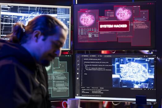 Hacker getting system hacked popup alert on computer display screen after using artificial intelligence malware software. Evil man in underground HQ trying to hide online activity after stealing data photo