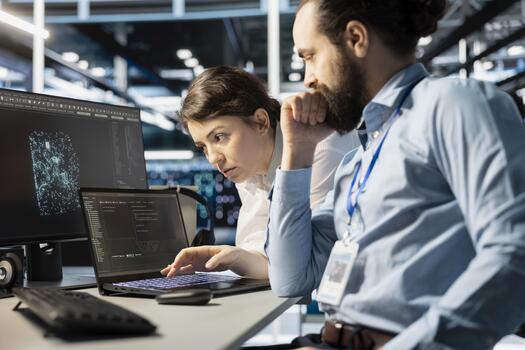 equipo de programadores utilizando cuaderno en servidor habitación, analizando datos. datos centrar oficina eso expertos haciendo lluvia de ideas, examinando código en computadora portátil, asegurando sistema integridad y seguridad foto