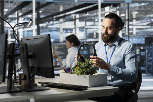 servidor granja eso experto Dejar trabajo, preparando pertenencias para partida. datos centrar programador embalaje escritorio artículos dentro caja después renunciando desde software desarrollo posición, cambiando carrera foto