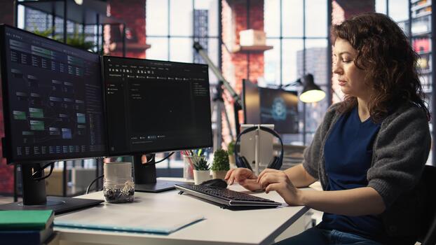 eso especialista a puesto de trabajo programación en monitor y escritura líneas de código, utilizando desarrollo herramientas y un terminal ventana interfaz. mujer depuración software antes de fecha límite. cámara una. foto