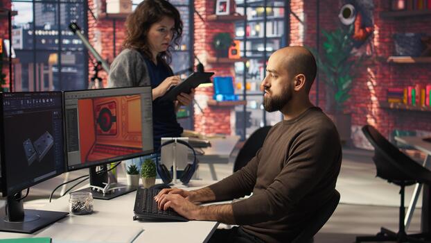 Game developer creates Mars based virtual station using AI tools. Futuristic program processes data with deep learning and automation to optimize game design and development. Camera A. photo