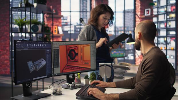 Coworkers using AI chatbot interface to generate game spaceship environments, modern system applies deep learning and machine learning techniques. Developing sci fi gaming designs. Camera A. photo