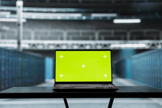 cerca arriba de aislado pantalla ordenador portátil en alto tecnología datos centrar usado a solucionar problemas backend operaciones. croma llave cuaderno en servidor granja corriendo software desarrollo herramientas, resolviendo sistema choques foto