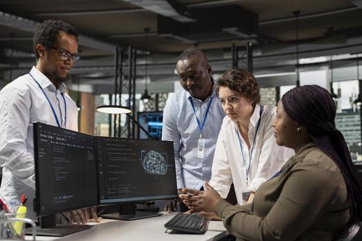 equipo de técnicos en oficina automatizando repetitivo Tareas utilizando ai guiones en ordenador personal. trabajo en equipo puesta en marcha colegas utilizar artificial inteligencia tecnología en computadora a velocidad arriba característica implementación foto