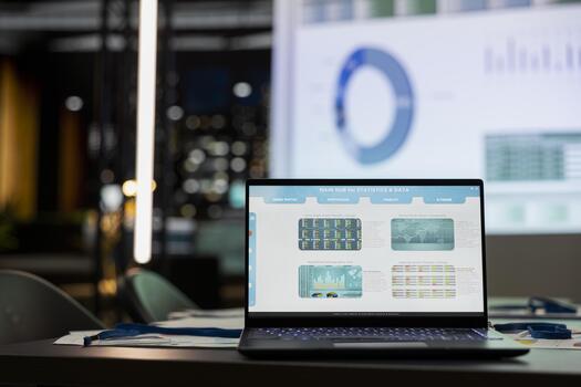 Empty business office equipped with analytics tools on a projection display, insights and infographics resources used for forecasting. Business strategy to drive efficiency after hours. photo