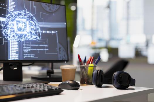 Close up of PC screen in AI startup office desk displaying neural networks application code. Workstation in software development workplace used for deep learning testing and quality assurance photo