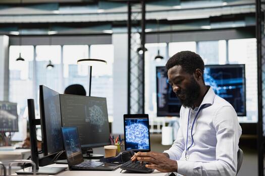 Engineer at work relying on AI technology to finish tasks, concept of overdependence on artificial intelligence tools reducing human decision making. Reliance on AI automation diminishing skills photo