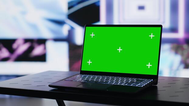 vacío escena con un ordenador personal exhibiendo Copiar espacio monitor siguiente a artístico luces, creando un paisaje sonoro para la vida nocturna ambiente y música cultura. extensión el visual Arte vibraciones y creatividad. cámara una. foto