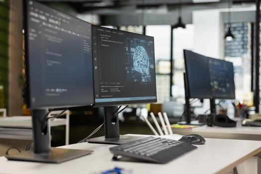 PC displays on startup office desk showing deep learning programming languages written by engineers. Computers in AI company workplace used for code testing and quality assurance photo