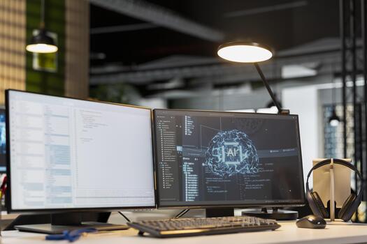 avanzado ai algoritmos corriendo en computadora monitor en vacío puesta en marcha espacio de trabajo artificial inteligencia codificación plataforma usado a desplegar máquina aprendizaje modelos en ordenador personal pantallas foto