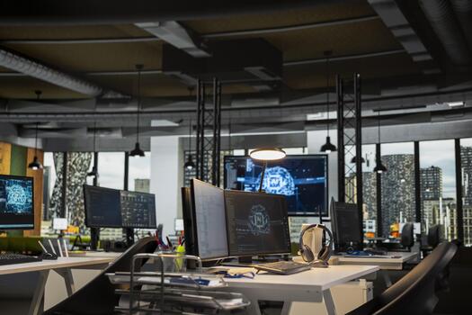 Empty startup office with PCs to be used by programmers building scalable solutions for businesses. Computers in Silicon Valley AI industry workplace leveraging machine learning technology photo