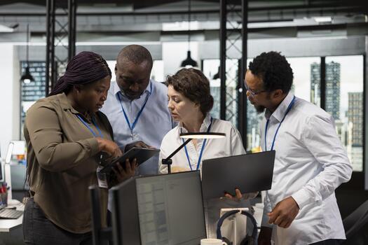Engineering team using laptop in office, working with software development programming languages. Coworkers using notebook in startup company to do code testing and quality assurance photo
