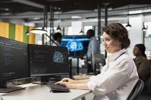 Computer scientist in artificial intelligence tech company workplace conducts code reviews. Woman using PC application at office desk to design and implement machine learning algorithms photo