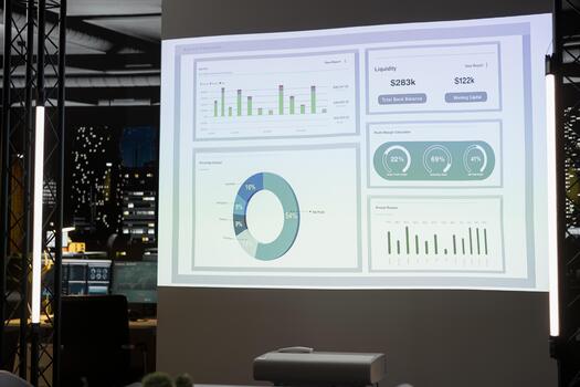 Empty night time office features modern tech displaying analytics, forecasting tools ensure business strategy success. Data icons and performance metrics support professional growth. photo