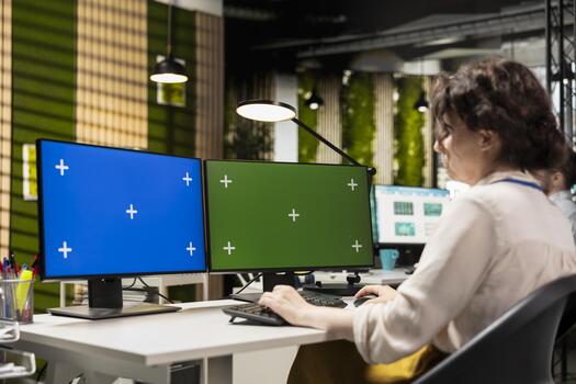 hembra analista usos computadora monitores a analizar cartas con croma llave, preparando estrategia informes a mejorar negocio administración eficiencia y lograr objetivos para desarrollo. foto